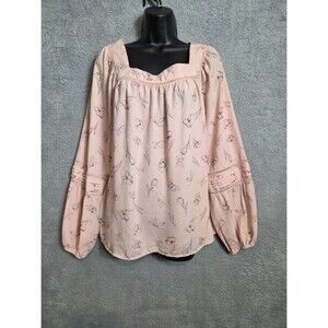 LC Lauren Conrad Womens Top Pink Floral Balloon Sleeve Blouse Office Siren L/XL